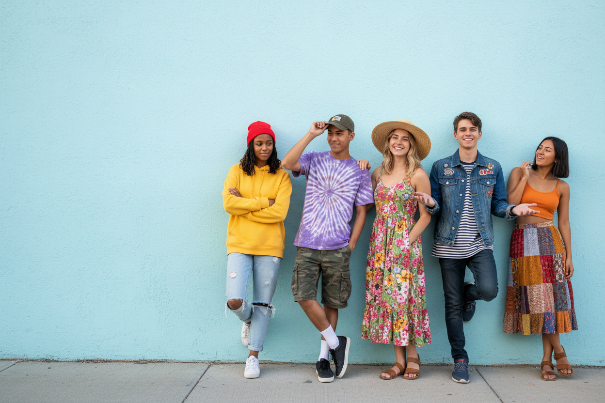 a group of 5 teenagers of mixed gender and ethnicity, wearing colorful clothes and standing relaxed in different poses against a wall, coloured with a light blue pastel colour, which provides a nice contrast to their clothing. Some of them wear denim, others have a hat or cap. The group is on the rgith hand-side of the picture.
